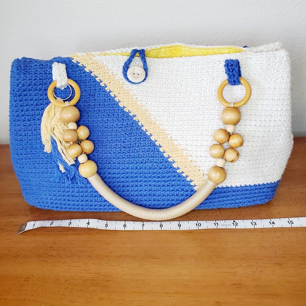 Handmade Knit Crochet Purse Hand Bag Summer Blue White Casual Beach Tiki - Picture 11 of 12